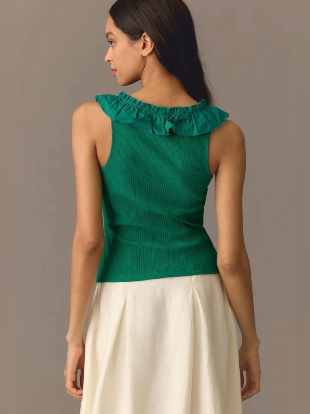 Pilcro Anthropologie Green Ribbed Ruffle Trim Ribbed Tank Top - Picture 2 of 8